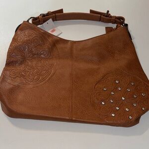 Brown Faux Leather‎ Hobo Bag W/ Embossed Mandela like Design & Rhinestones NWT